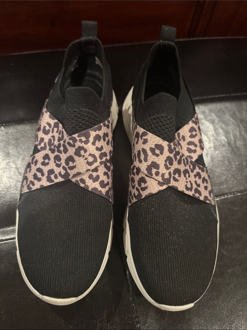 Skechers Women’s Black Slip-On Sneakers with Leopard Cross Straps